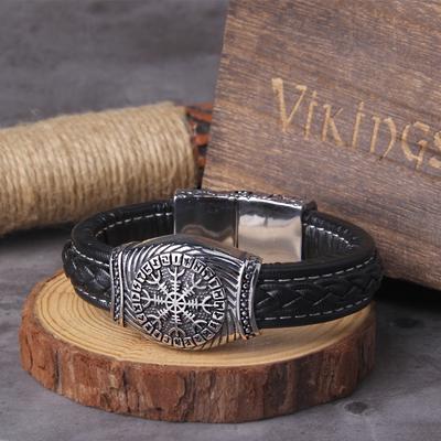 316L Stainless Steel Viking Vegvisir Compass Pendant Leather Bracelet for Men Odin Symbol Jewelry