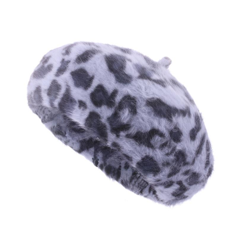 

Берет ретро леопардовый принт шляпа художника плюшевая шляпа Bud женская осень зима M（56-58cm） серо голубой