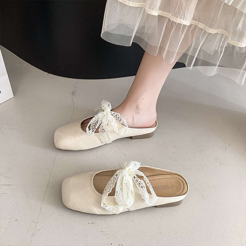 Low-heeled Lace Bow Mary Jane Sandals Women's Outer Wear 2025 Spring and Summer New French Beautiful Bag Head Half Slippers