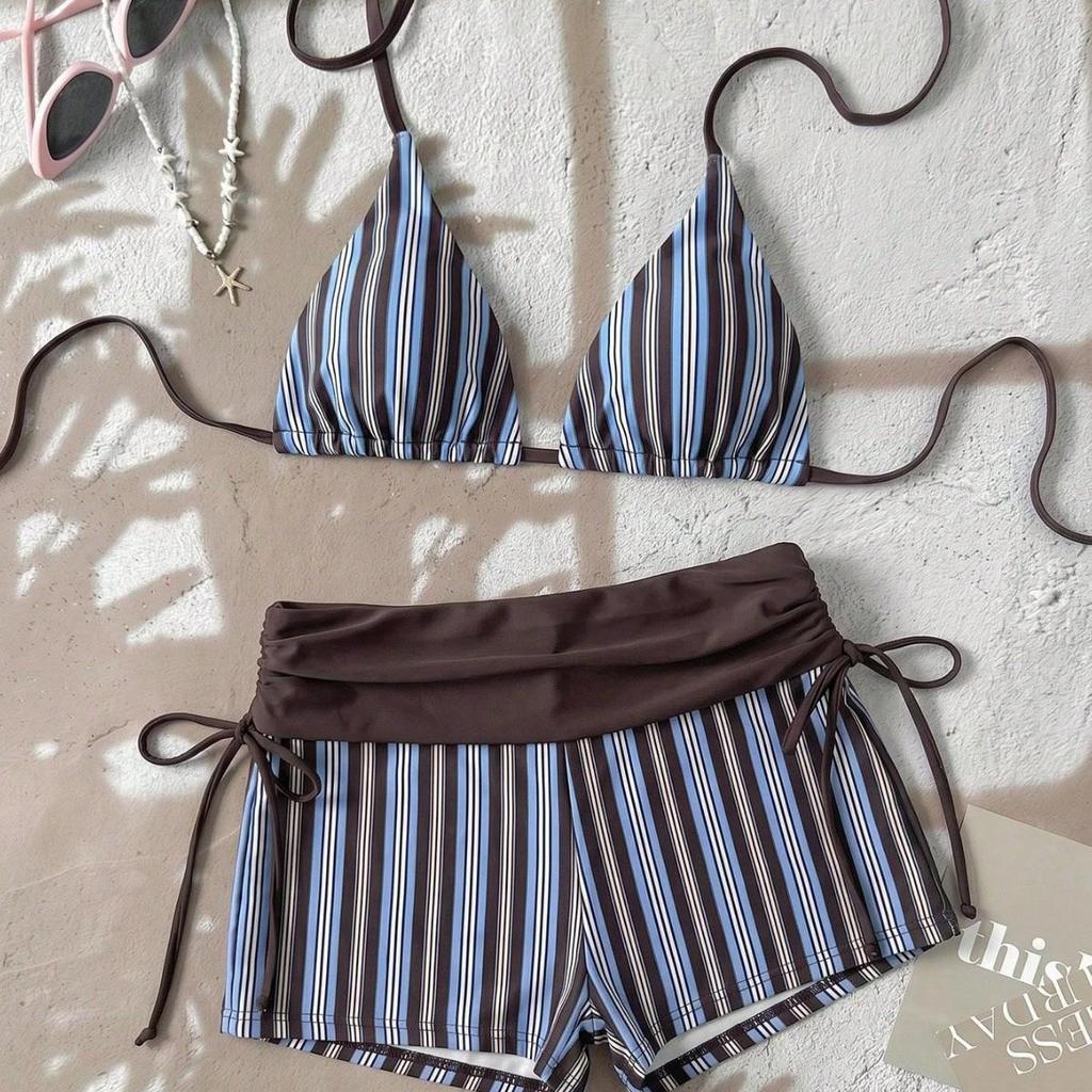 2026 Retro Polka Dot Striped Cross-Strap Bikini with Lace-Up Details