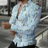 Men Collared Shirt Light Blue White Apricot Floral Leaf Print Long Sleeve Button Down Top