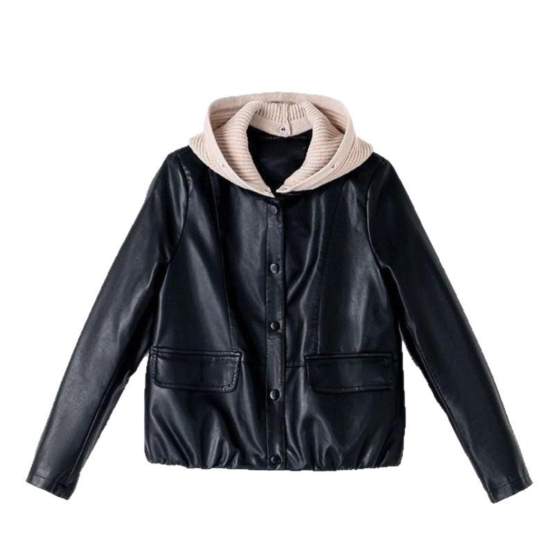Modna damska kurtka ze skóry PU - z kapturem, ocieplana polarem, dopasowana, krótki styl Petite na wiosnę i jesień 2025