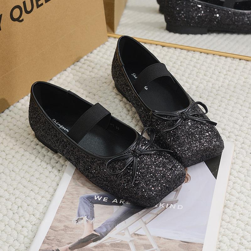 

Fashion bling bling bowtie flats women square toe elastic band ballerina shoes woman glitter bow moccasins designer zapatillas de mujer 37 чёрный