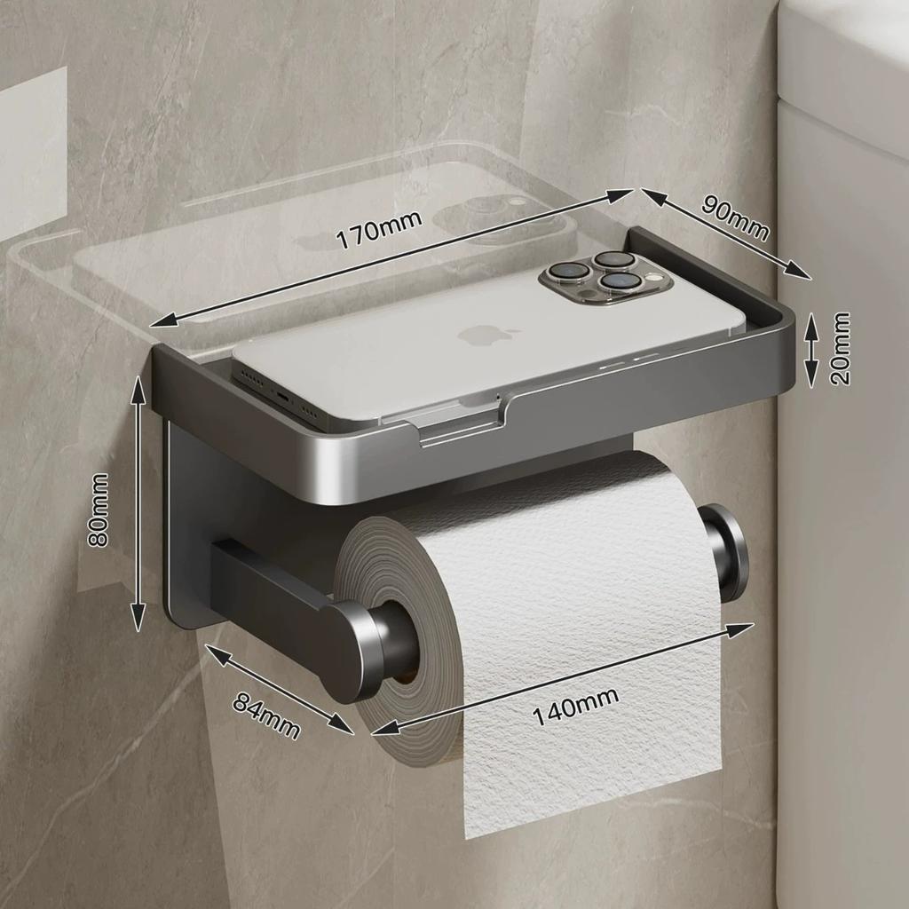 Gray Toilet Paper Holder with shelf Aluminum Black Tissue Paper Holder Milk Cream Paper Roll Holder With Phone Storage Shelf