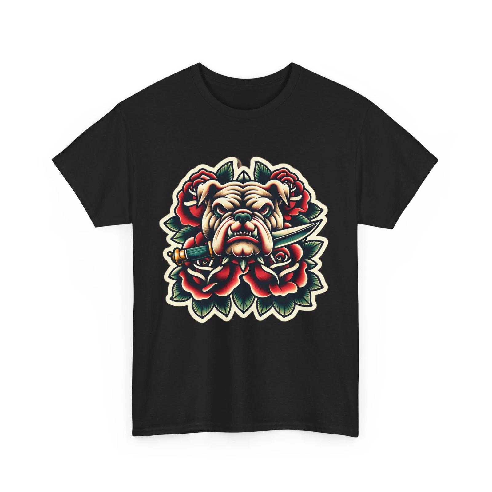 Unisex Adult T Shirt Bulldog Traditional Tattoo Style Roses Dog Pet Lover Biker 3XL
