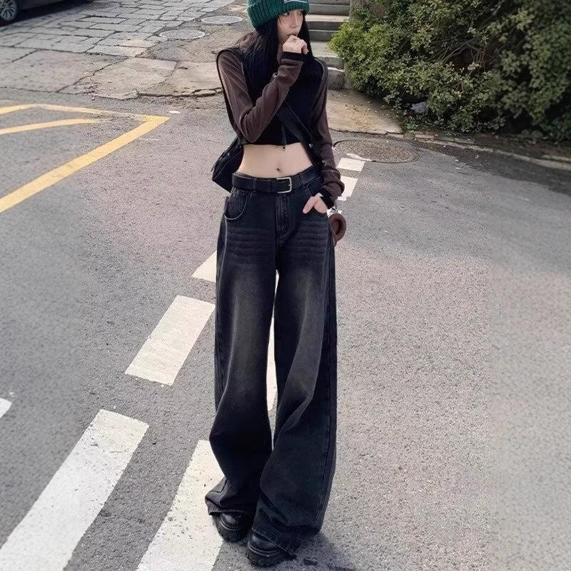 

Women s Black Gray High-Waist Wide-Leg Jeans - Autumn 2024 Collection L