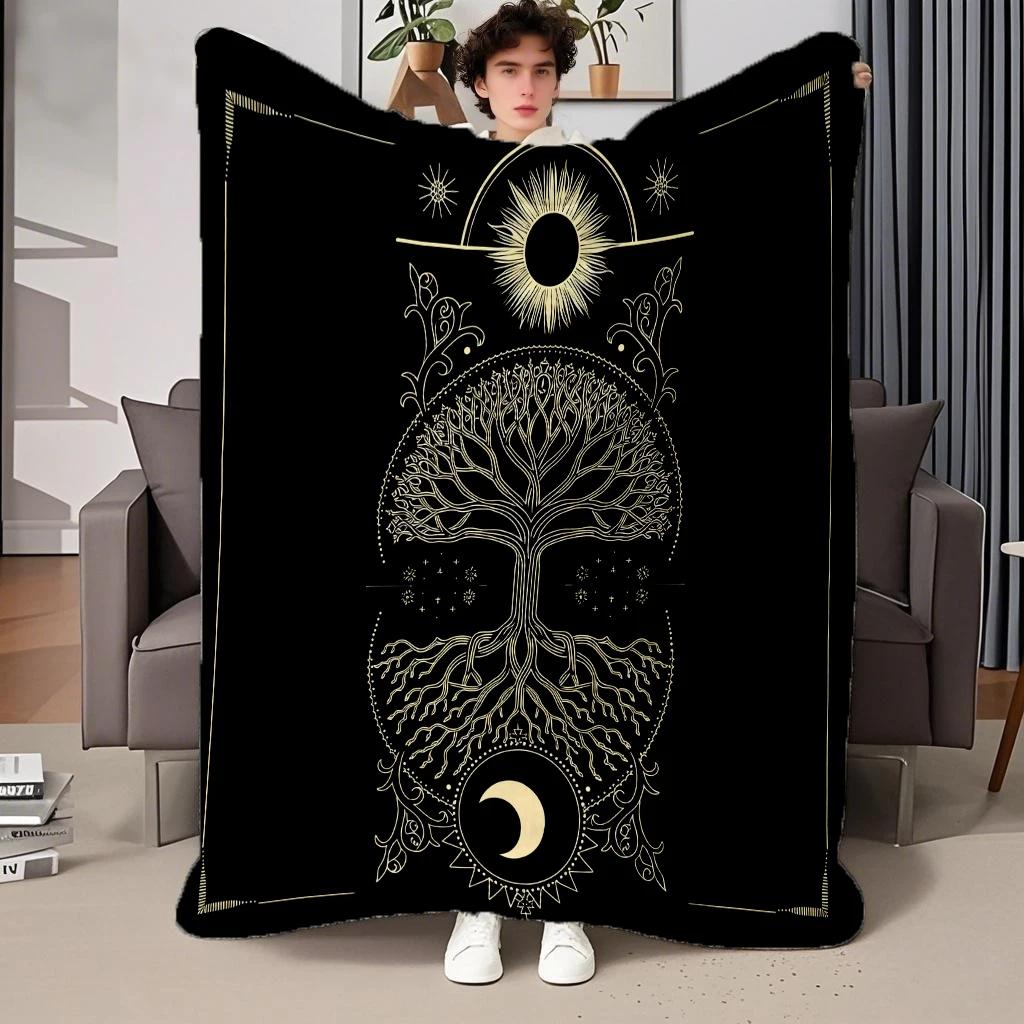 130cm×150cm Flannel Throw Blankets Boho Chic Golden Tree of Life Antique Blankets Lightweight Luxury Blanket,Couch Bed