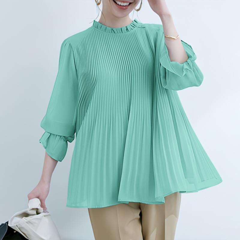 

ZANZEA Женская Свободная Повседневная Блузка с Круглым Вырезом И Длинными Рукавами Плиссированная S зелёный