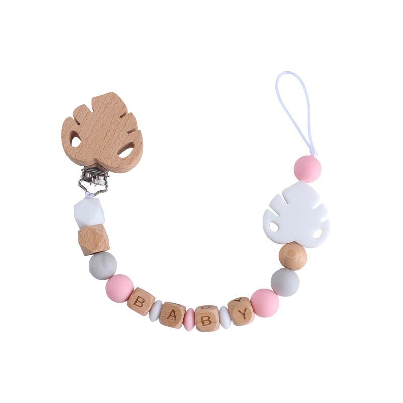 DIY Baby Personalized Name Leaf Pacifier Clips Holder Chain Teething Toys Gifts Wooden Ring Anti-drop Chains Babies