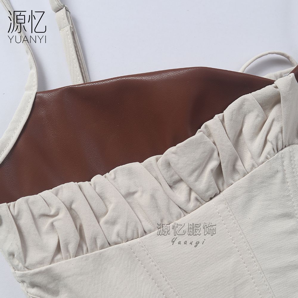 Women Khaki Contrast Pu Leather Panel Spaghetti Strap Boned Corset Top