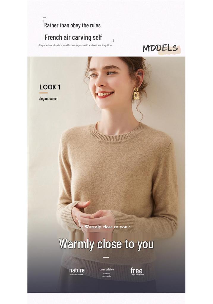 Women's Soft Cashmere Sweater - Warm, Casual Knit, Long Sleeve, Round Neck, Perfect for Autumn/Winter