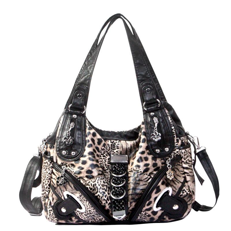 

Vintage Leopard Print Tote Bag Large Capacity Multi-pocket Design Versatile Shoulder Crossbody Bag Women Rivet Design Handbag світло-коричневого кольору