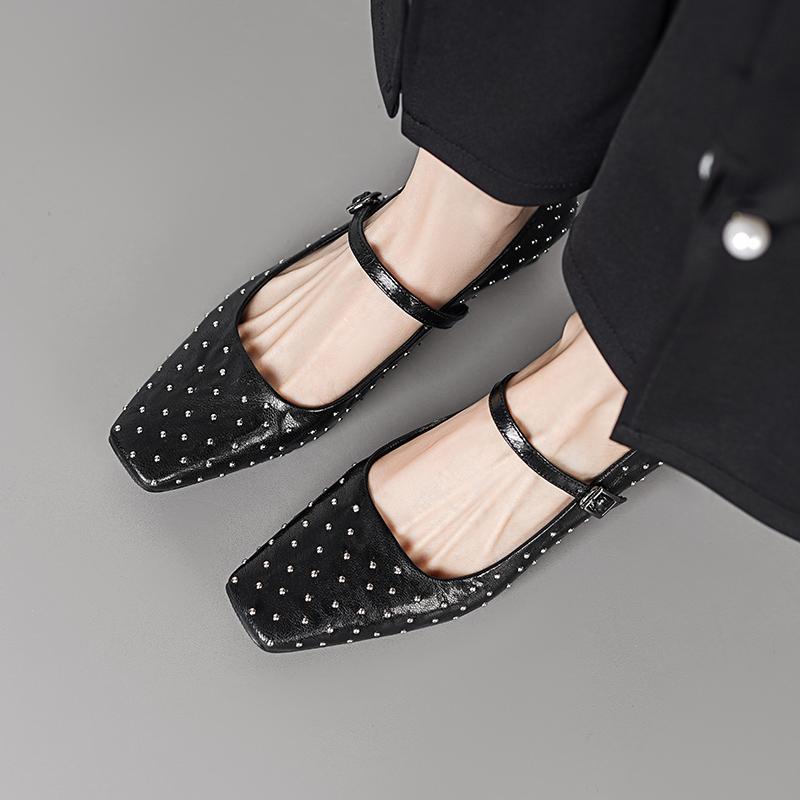 Fashion Retro Rivet One Buckle Mary Jane Shoes 2025 Summer New Square Toe Shallow Mouth Low Heel Single Shoes for Women