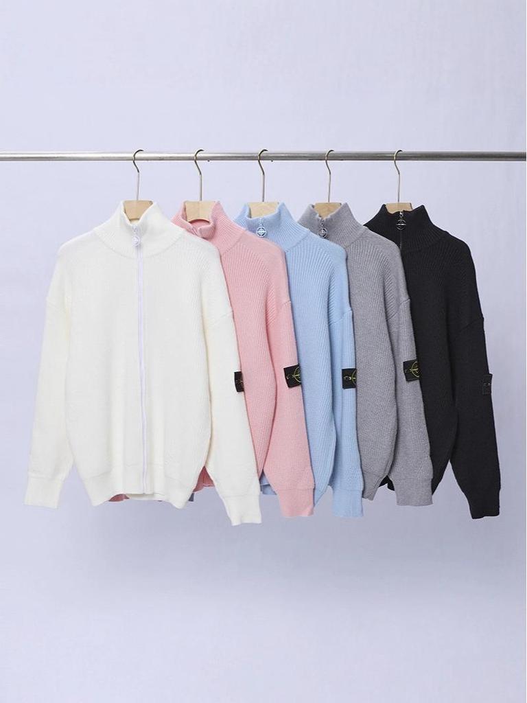 Pánský jednobarevný pletený kardigan na zip s dlouhým rukávem - Podzim/Zima