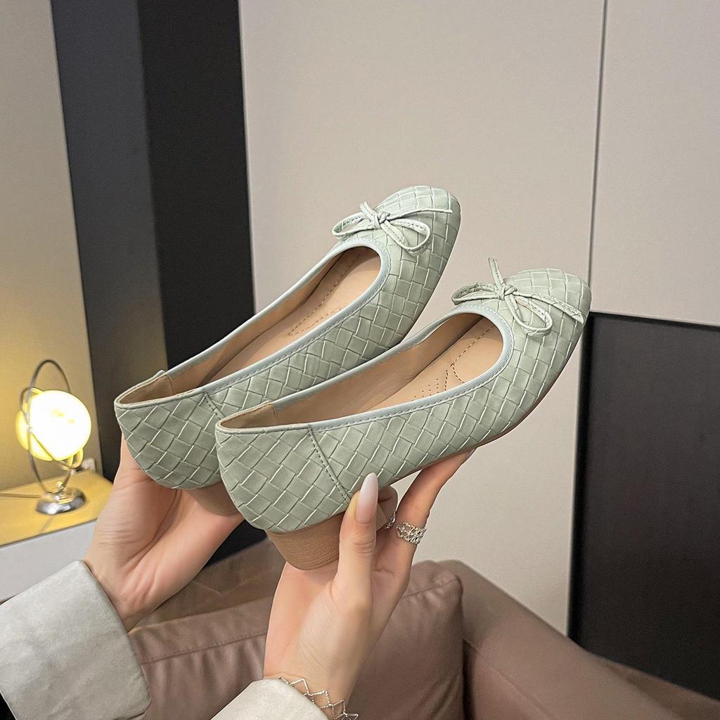 Women's Woven Bowknot Low Heels - Comfortable Square Toe Flats for Spring/Autumn