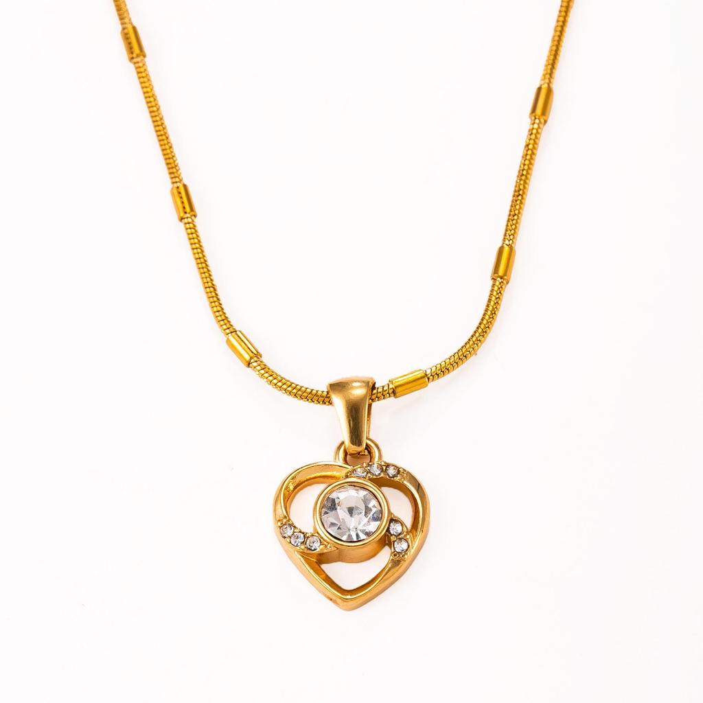 18K Gold Plated Heart Pendant Necklace with Diamonds, Stainless Steel, Colorfast Jewelry