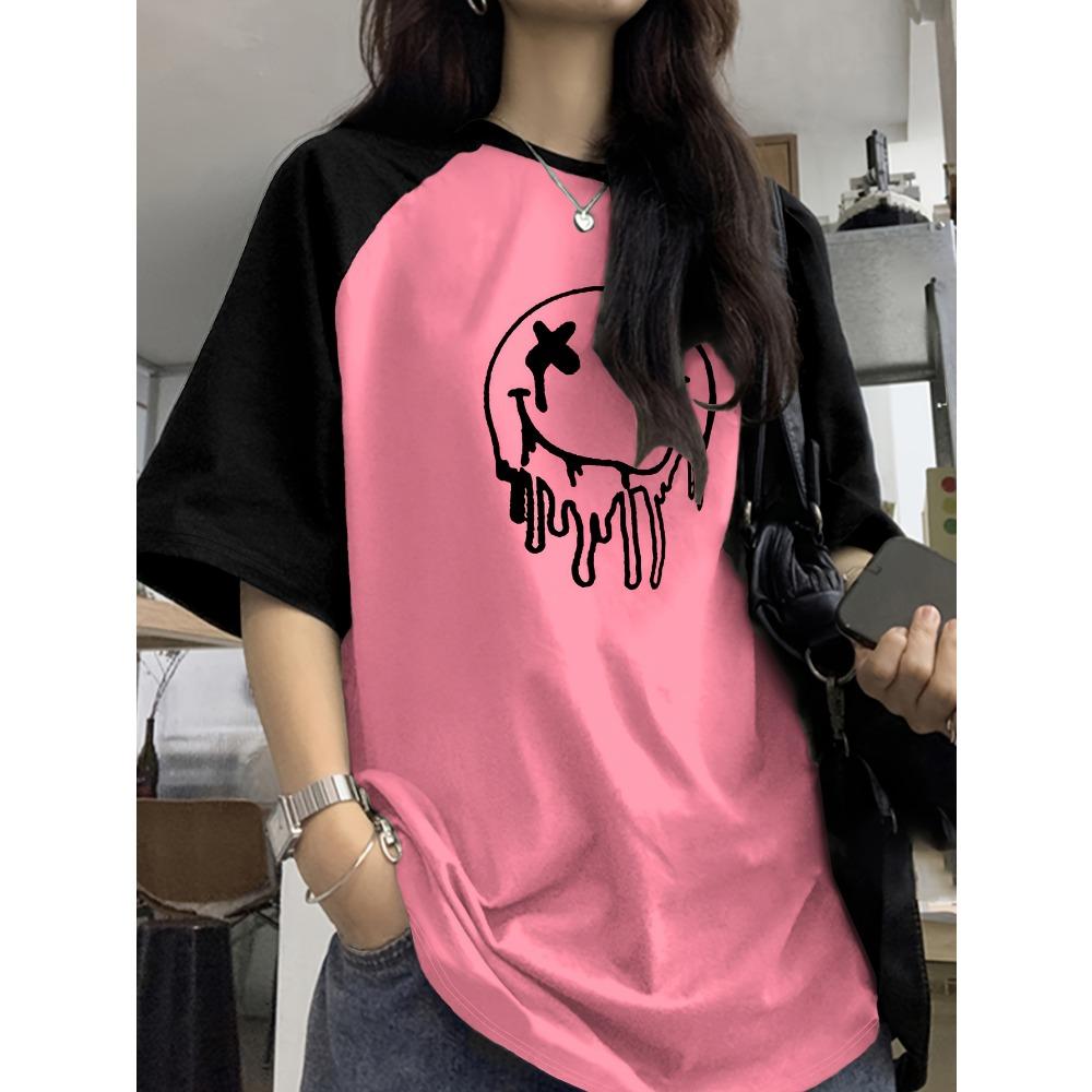 

Women s Fashion Casual Minimalist Graffiti Smiley Color-blocked Raglan Sleeve Crew Neck Short Sleeve T-shirt XXS