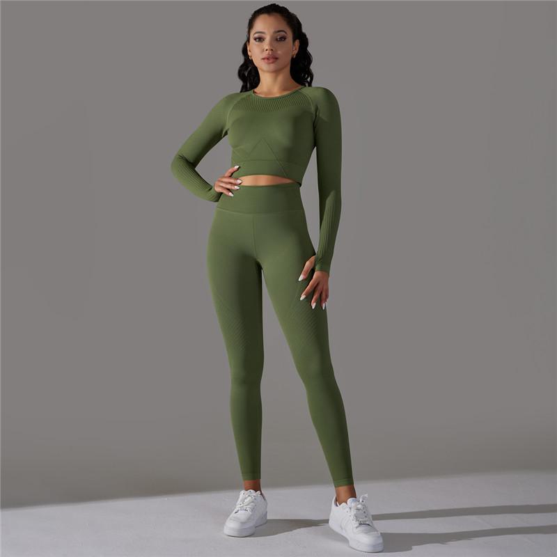 Knit Seamless Long Sleeve Yoga Set High Waist Sports Pants Exercise Running Suit Fitness Clothing