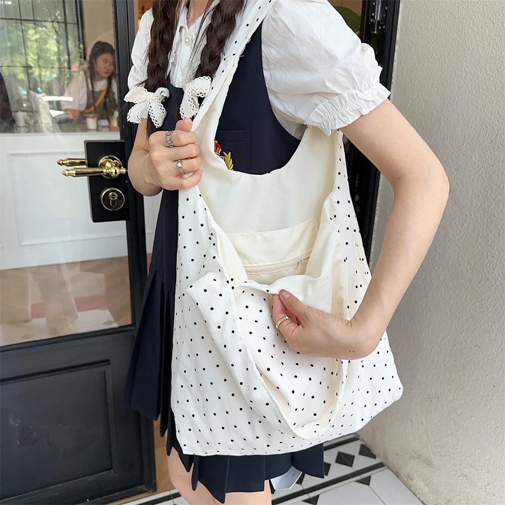 New Large Capacity Polka Dot Canvas Tote Bag Women Casual Shoulder Bag College Student School Book Bag