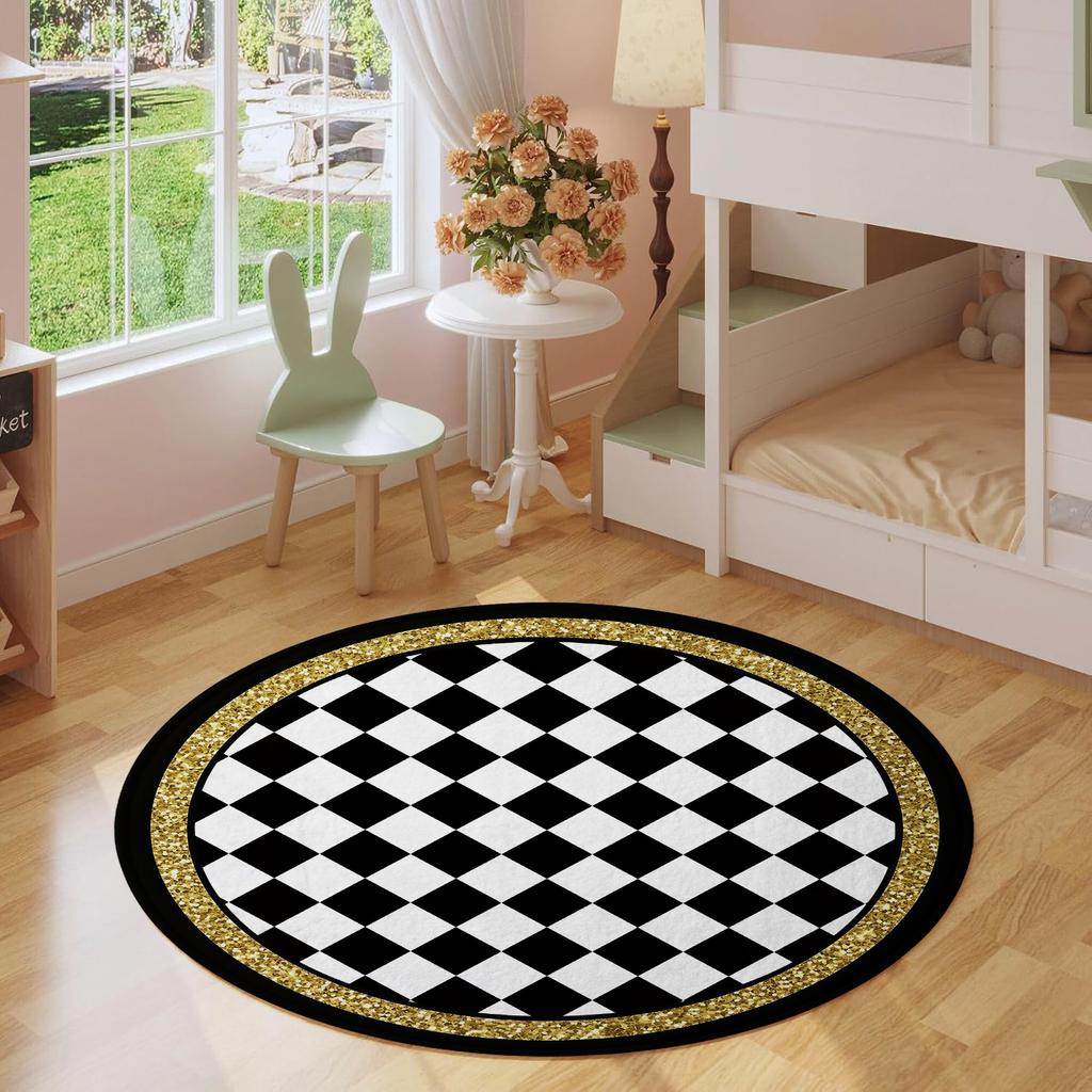Black & White Checkerboard Round Rug with Gold Trim, Modern Geometric Non-Slip Floor Mat for Entryway & Living Room
