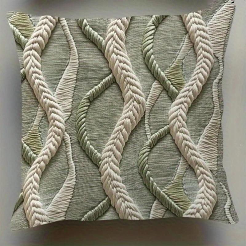 Sage Green Woven Macrame Rope Pillow Cover Coastal Boho Textured Braid Cushion Case Decor 2D Printed, Soft Peach Skin 45X45
