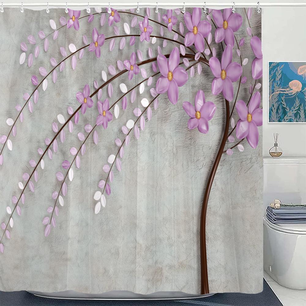 Rideau de douche Blanc Fleurs Modernes Minimaliste Nordique Imprimé Art Floral Polyester Décoration Intérieure Rideau de Salle de Bain avec Crochets