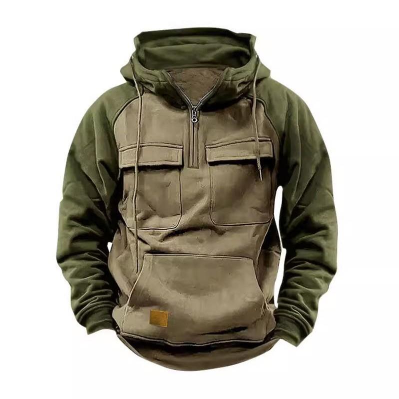 Spring And Autumn Men S Semi-Zipper Tooling Pullover Hoodie Sports Running Outdoor Multi-Pocket Shoulder Sleeve Long Sleeve Sweater S хаки