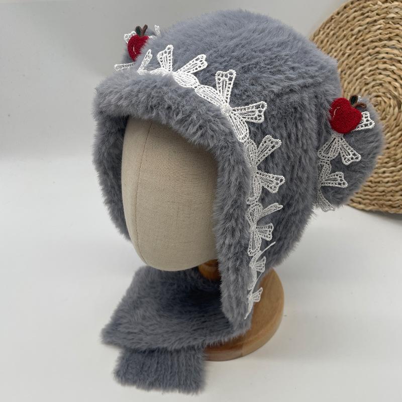 

Зимняя теплая плюшевая шапка-шарф с интегрированной защитой ушей, шапка Лей Фэн, женская с бантом, милая, теплая, для улицы, куртка-шапка M（56-60cm）