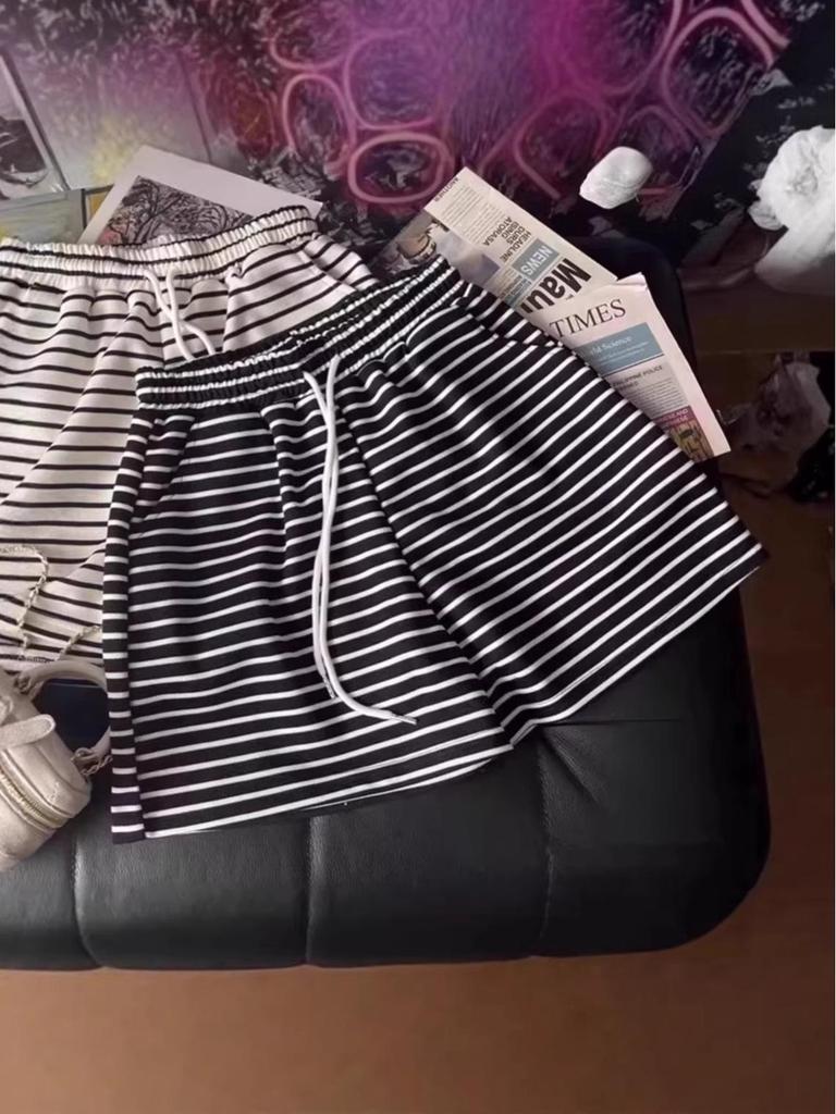 Korean Style High Waist Striped Women's Summer Sports Shorts - Casual Loose Wide Leg Mid-Length Hot Pants