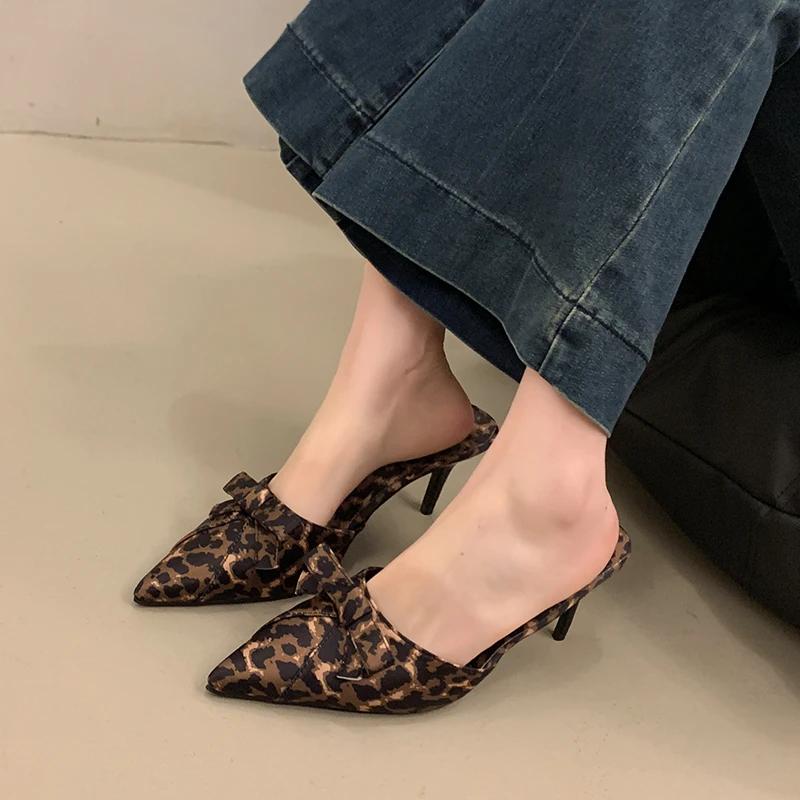 Fashion Fashion 2025 Closed Toe Women's Slippers New Leopard Print Outdoor Dress Sexy Butterfly-knot Best Seller Plus Size Heels Women