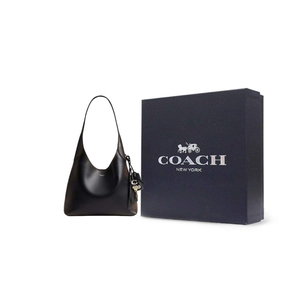 Coach Brooklyn 28 Logo Leather Tote Bag Women Tote Bags Black Brown CBH44-LHPMZ