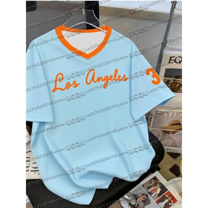 Sommer Modisch NR.35 Print Los Angeles V-Ausschnitt Damen Basic T-Shirt Locker und Bequem Kurzarm T-Shirt Tops Tee