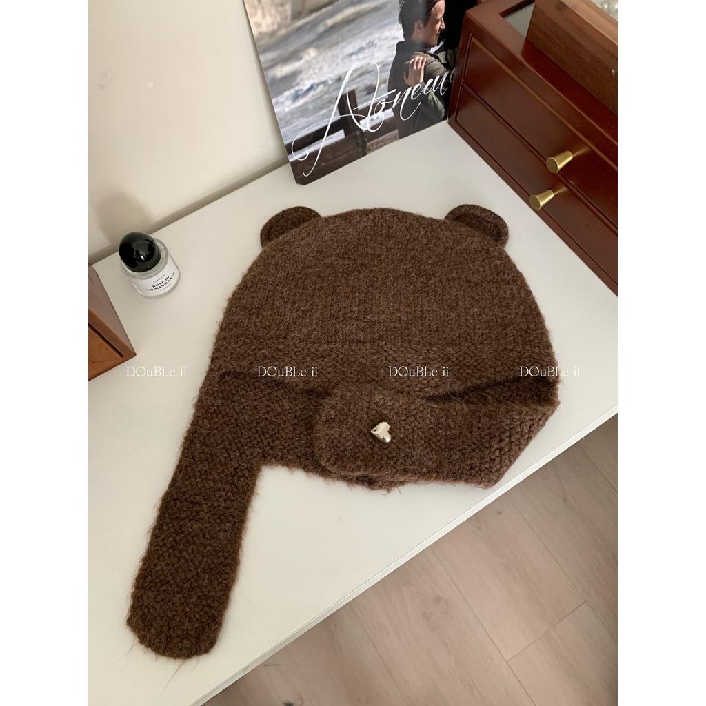Double i i cute little ears knitted wool hat women's warm ear protection Lei Feng hat shows small face