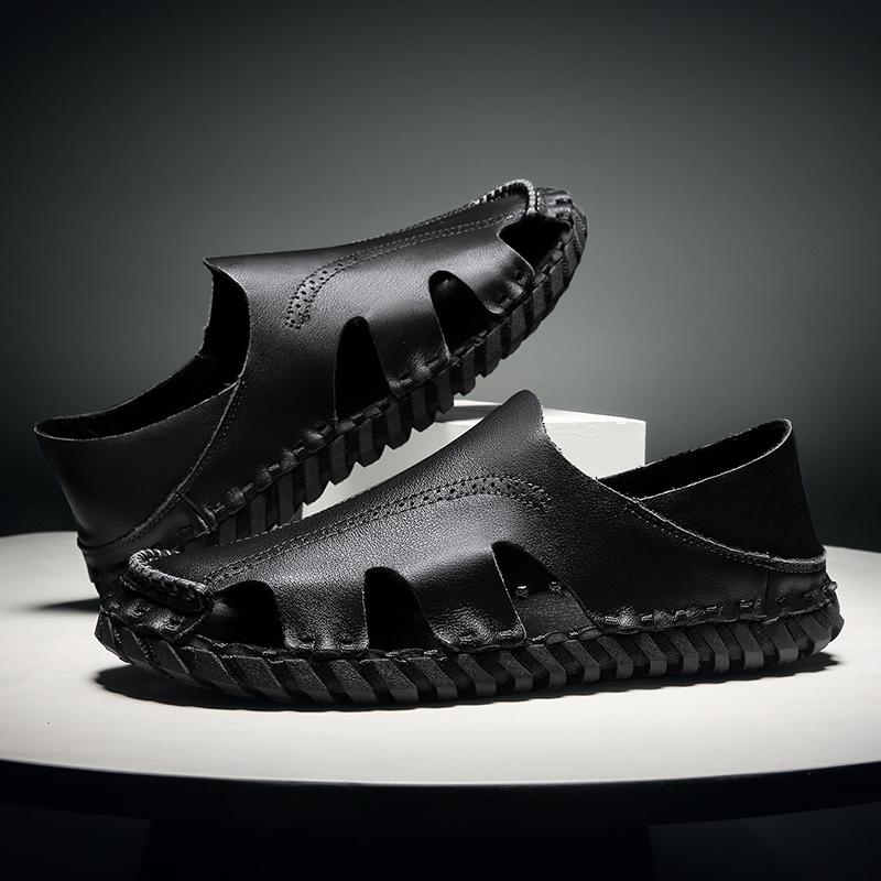 Genuine Leather Men's Sandals Durable Handmade Beach Shoes Anti-collision Toe Mens Summer Flats Non Slip Indoor Outdoor Sandals