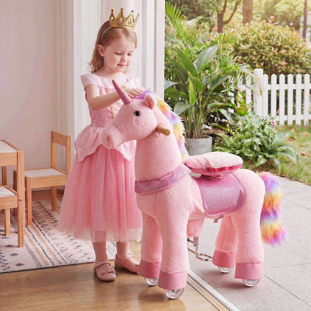 Ride On Horse, Riding Pink Unicorn Toys for Kids, No Battery Required, Smooth Wheels with Anti-Roll Stop Ring, Upgraded Raised Seat, Handles, Pedals,
