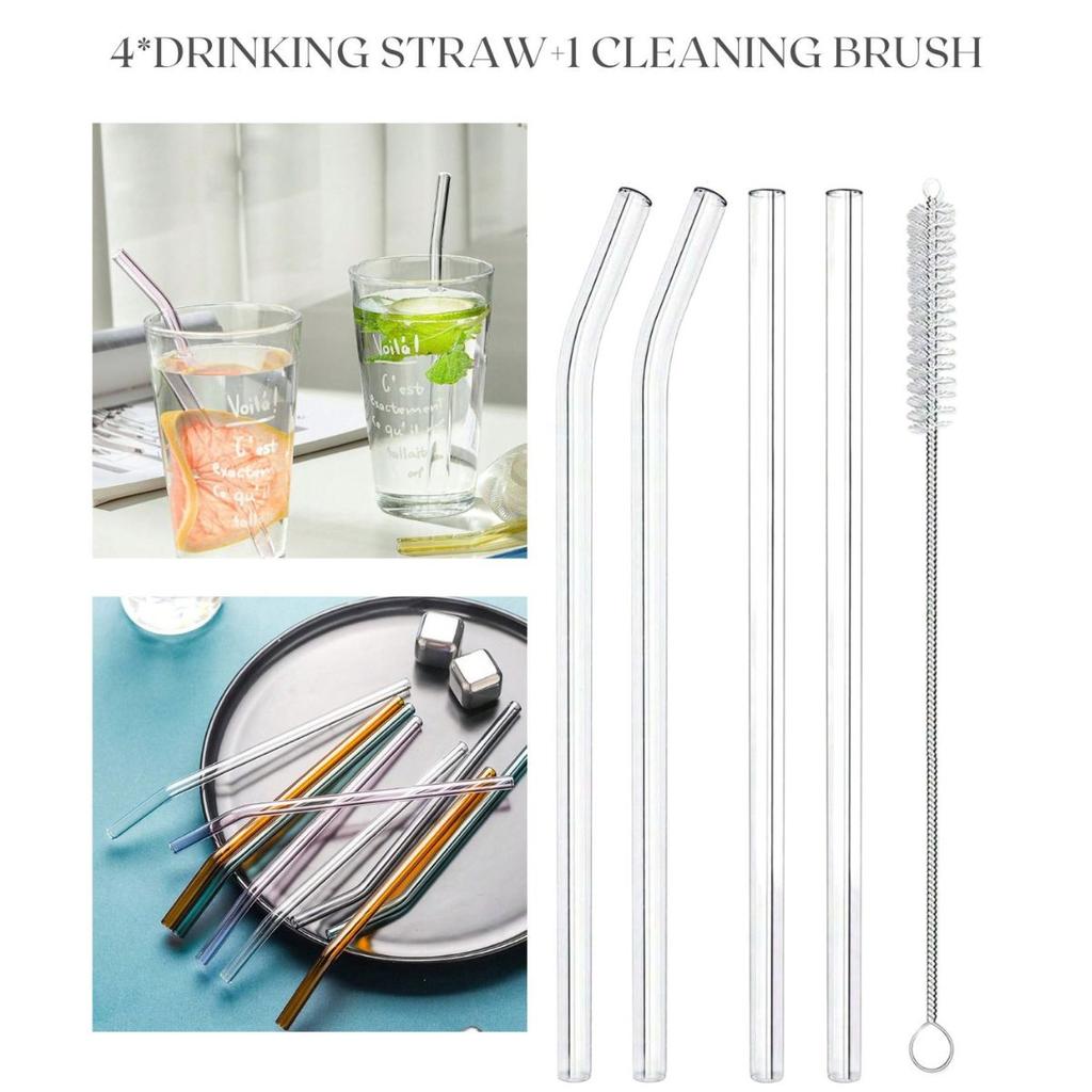 3/4Pcs Colorful Glass Drinking Straw Cocktail Milk Tea Straight Curved Eco-friendly Reusable Heat Resistant With Cleaning Brush