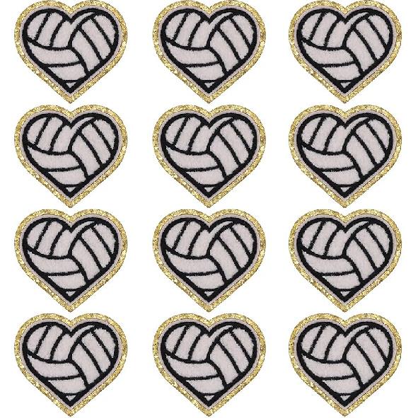 12pcs Heart Football Iron on Patches Embroidered Motif Applique Deco Sew on Patches Gold Edges Chenille Love Shape Rugby Embroidered Patches for