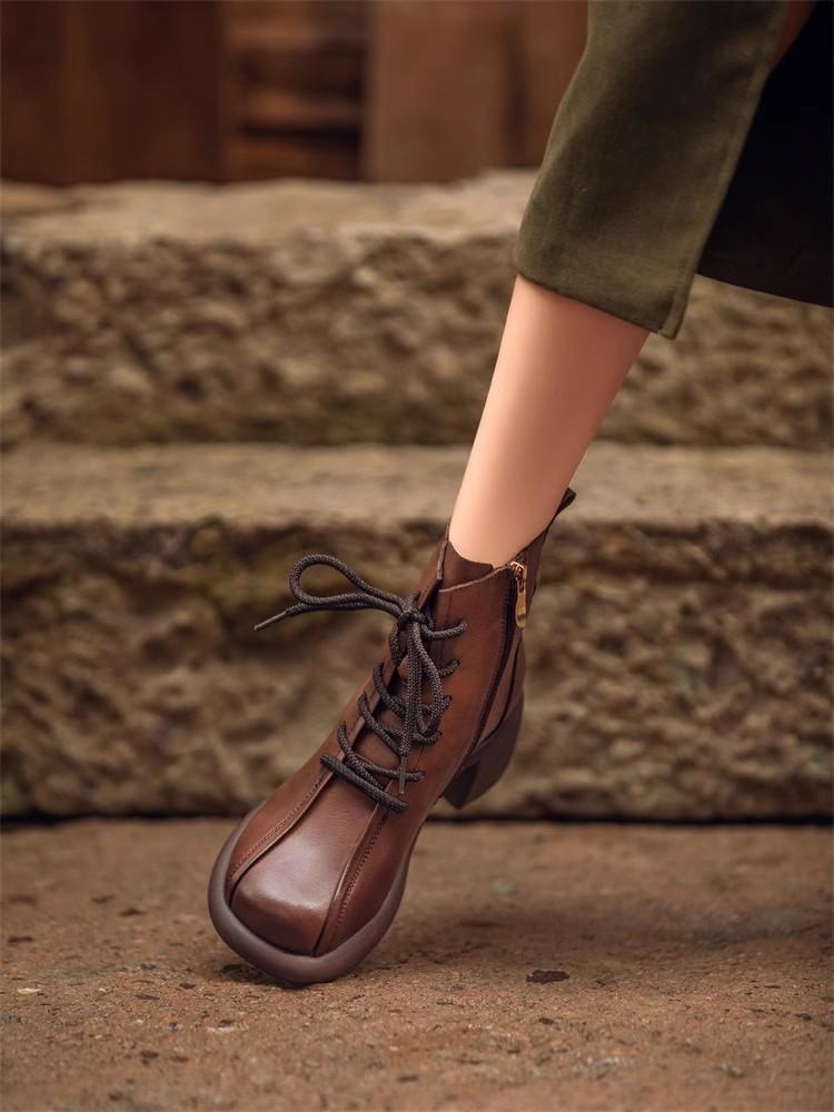 Fashion GKTINOO Handmade Retro High Heel Boots Women Autumn Winter Full Cow Leather Round Toe Zipper Trend Warm Ankle Boots Female
