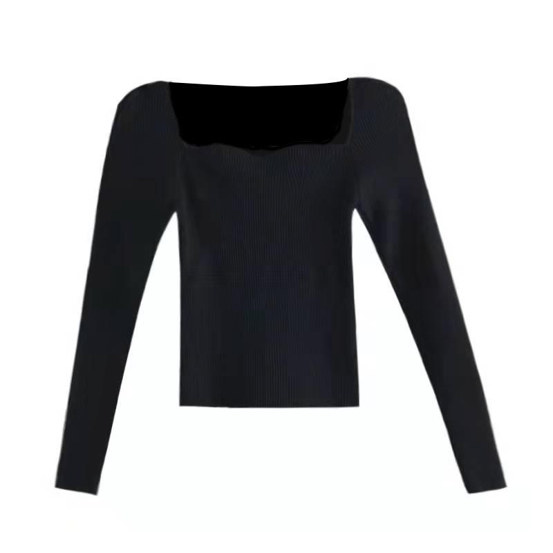 Retro French Style Square Neck Top for Women Long Sleeved Knitted Base Shirt for Women Slimming Off for Women Wearing A Thick Pullover Sweater Women