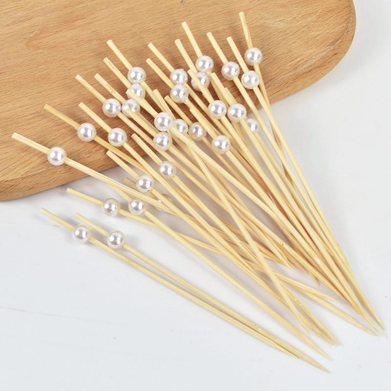 100pcs Wedding Party Pearl Disposable Skewers Food Fruit Picks Bamboo Cocktail Buffet Cake Toothpick Wedding Birthday Supplies
