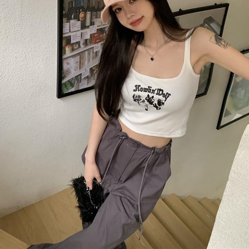 Dámské americké retro tílka dívčí letní vnitřní topy sportovní vesty jednobarevné ležérní bez zad krátké topy streetové tanky