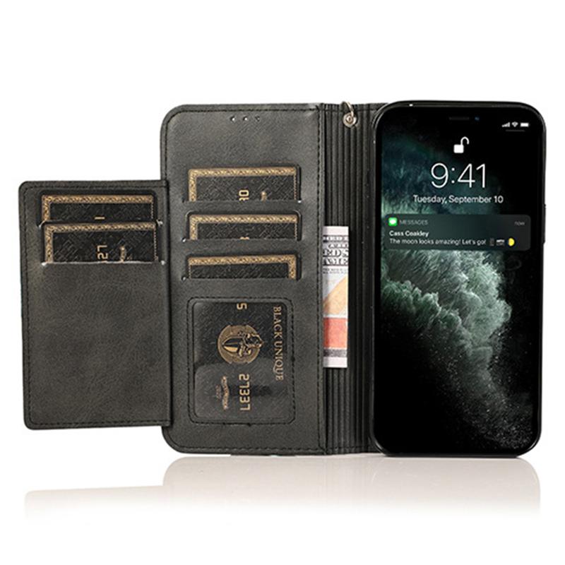 

For iPhone 15 Pro Zipper Pocket Phone Case 5 Card Slots Calf Texture PU Leather Stand Cover Black