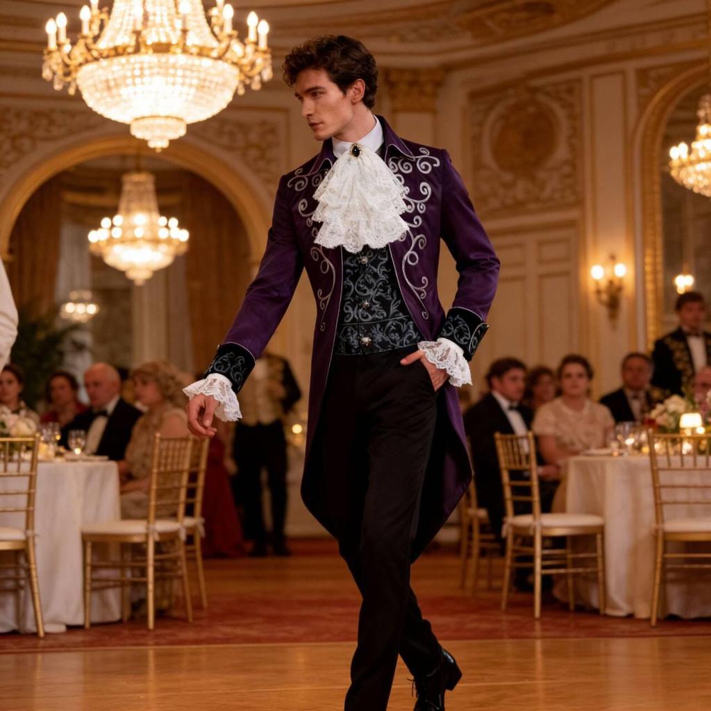 Men's Silver-Edged Medieval Tailcoat Costume, Retro Mid-Length Style