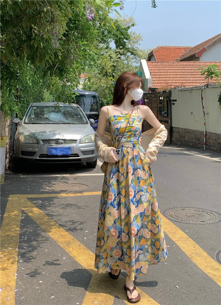 Holiday wind floral suspender skirt oil painting style dress women's spring waist thin A-shaped long dress tube top skirt