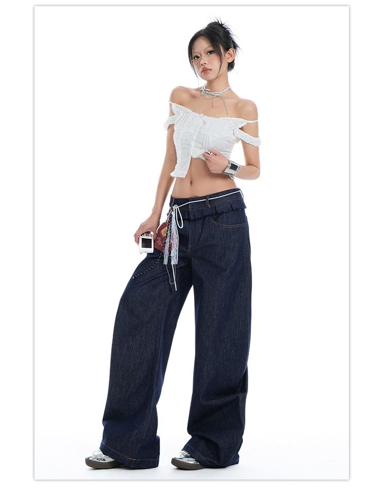 Women's Spliced Double Waistband Curved Leg Jeans - American Design, Loose Fit, Slimming, Wide Leg, for Spring & Autumn 2025