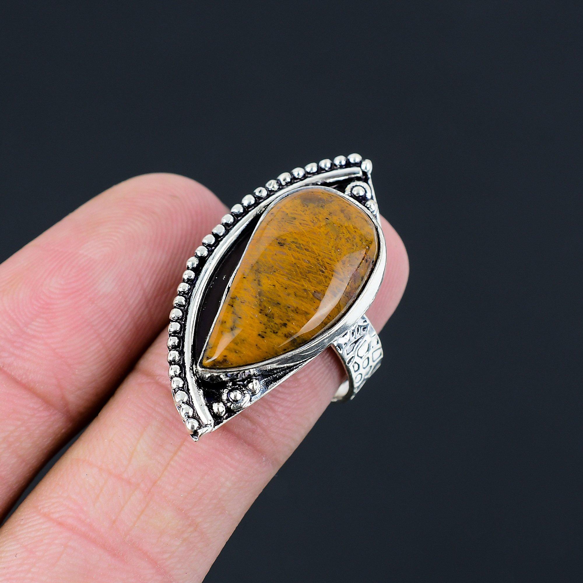 Pear Natural Tiger Eye Sterling Silver Boho Stackable Birthday Ring Jewelry US 8 8