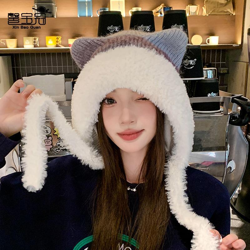 Autumn and Winter Plush Cat Ears Knitted Headgear Outdoor Plush Warm Wool Hat Women's Versatile Ear Protection