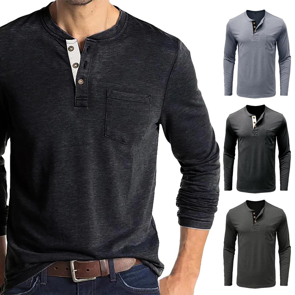 myouhuo Long Sleeve Autumn Solid Long Sleeve Henley Neck Stylish Single Dark Size M Men's T-Shirt, Clothes, Color, T-Shirt, Fitness, Undershirt, Men's