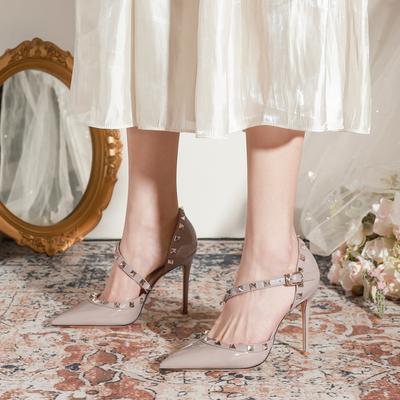 2025 Women'spointysexyhigh Heels Women's Fashion Rivet Ankle Narrow Band Slim Heels Women's High Quality Sandals Chaussure Femme