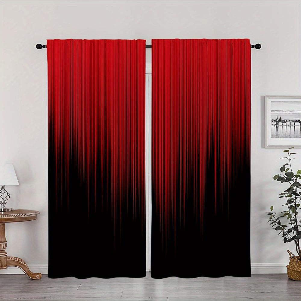 2pcs Red Black Gradient Stripe Design Printed Window Curtain For Bedroom, Office, Kitchen, Living Room, And Study Rod Pocket Win